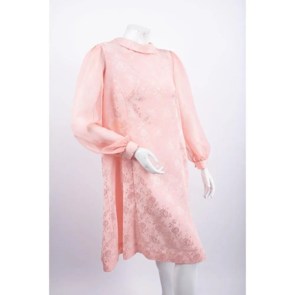 Vintage Sheath Dress Pink Roses Brocade L Puff sl - Picture 2 of 5